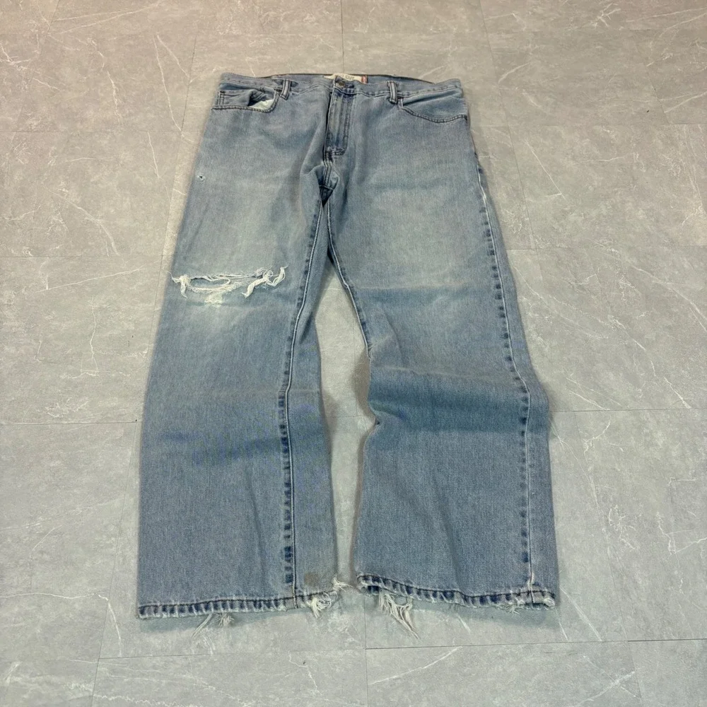 Levis Bootcut Jeans Mens 37x30 Light Wash Distressed Frayed Denim Pants 527